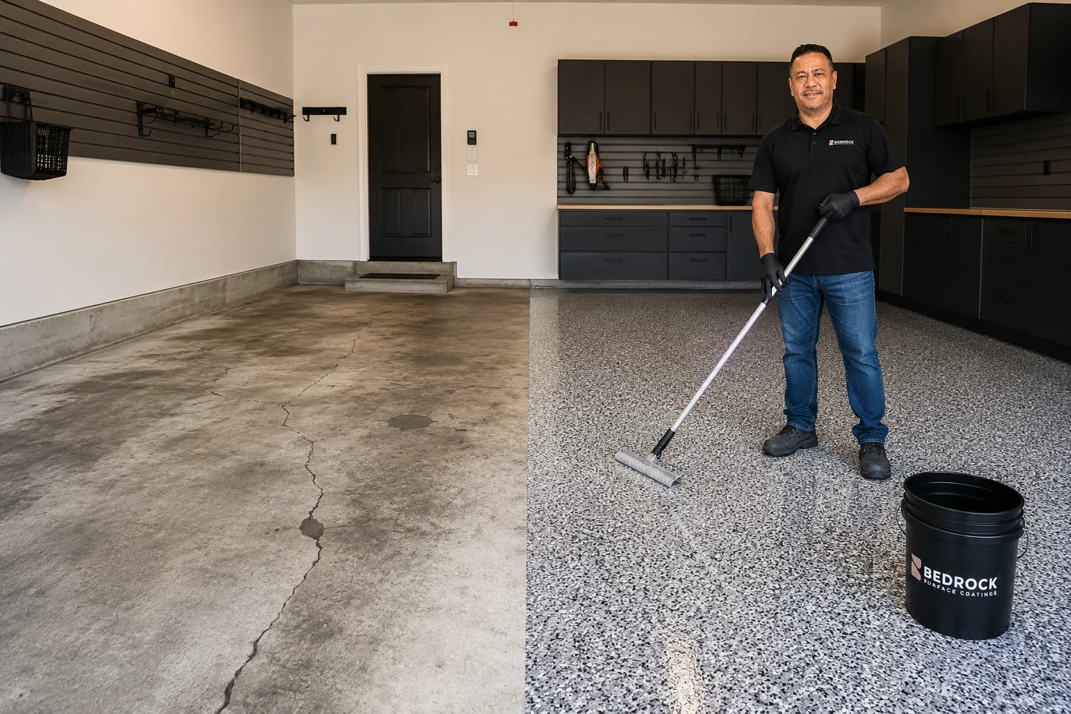 Bedrock owner mid-application, half bare concrete and half finished flake floor