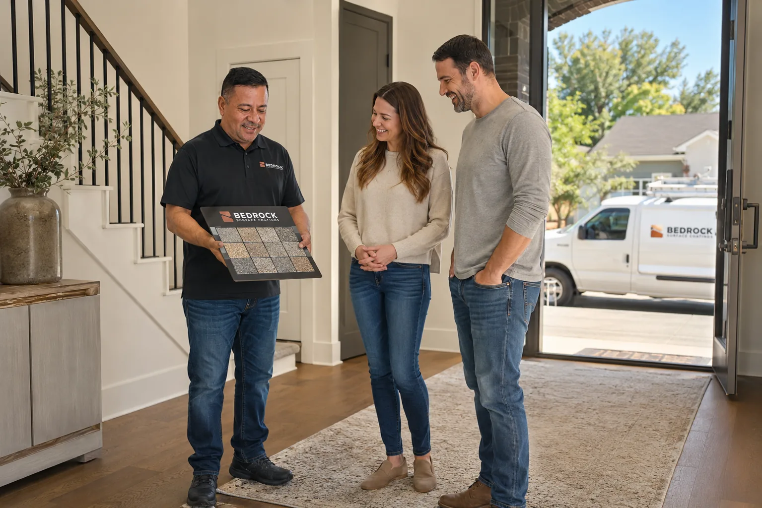Homeowners reviewing chip sample board