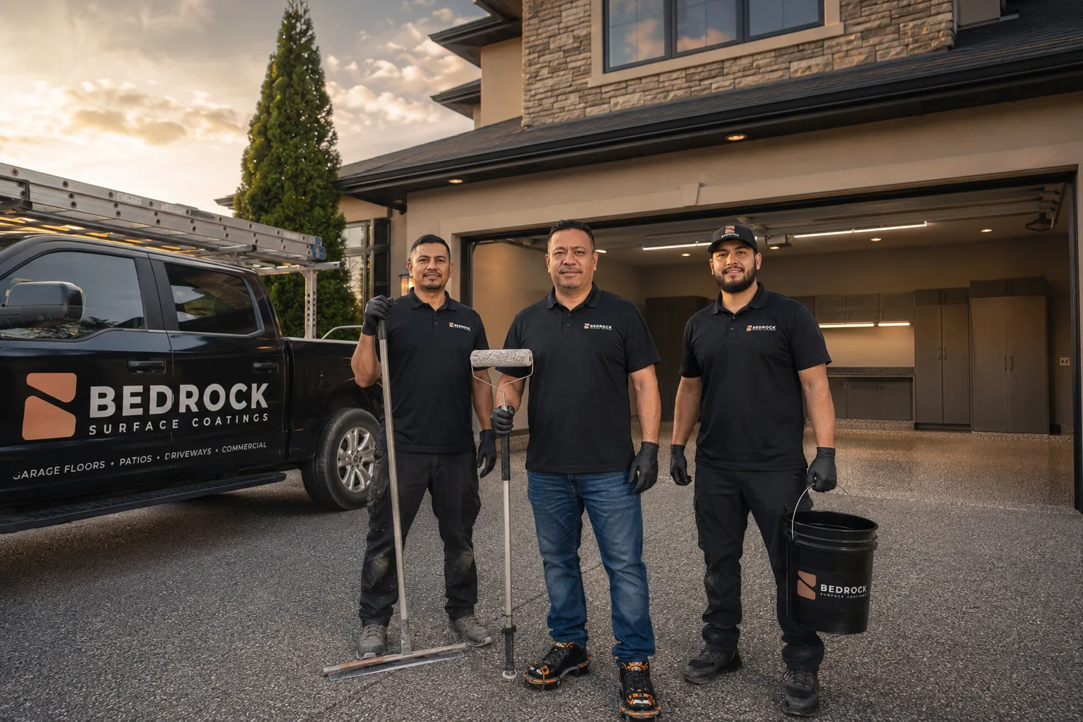 The Bedrock crew posing with tools and the branded truck at sunset