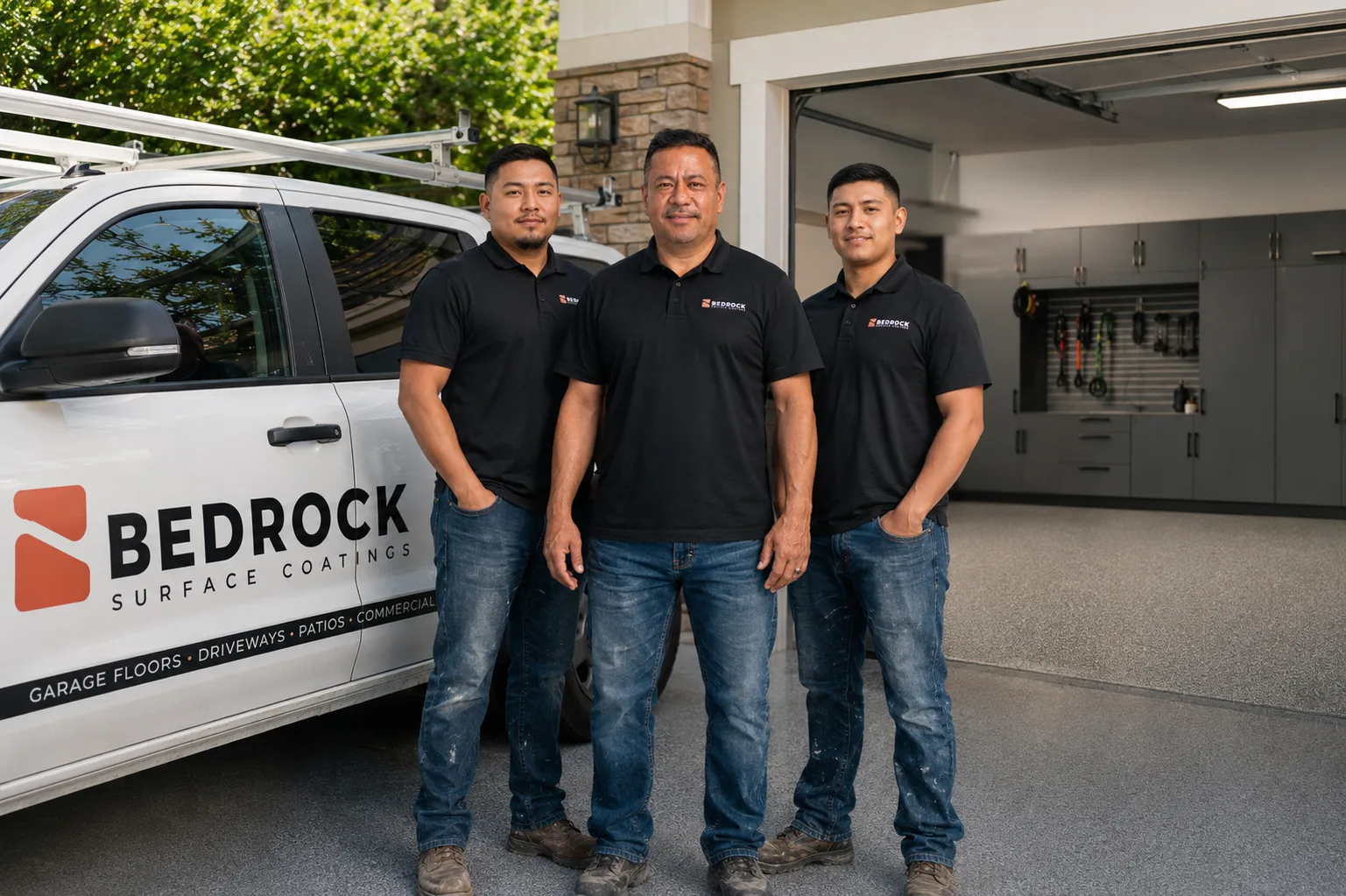 The Bedrock Surface Coatings crew standing in front of the branded truck