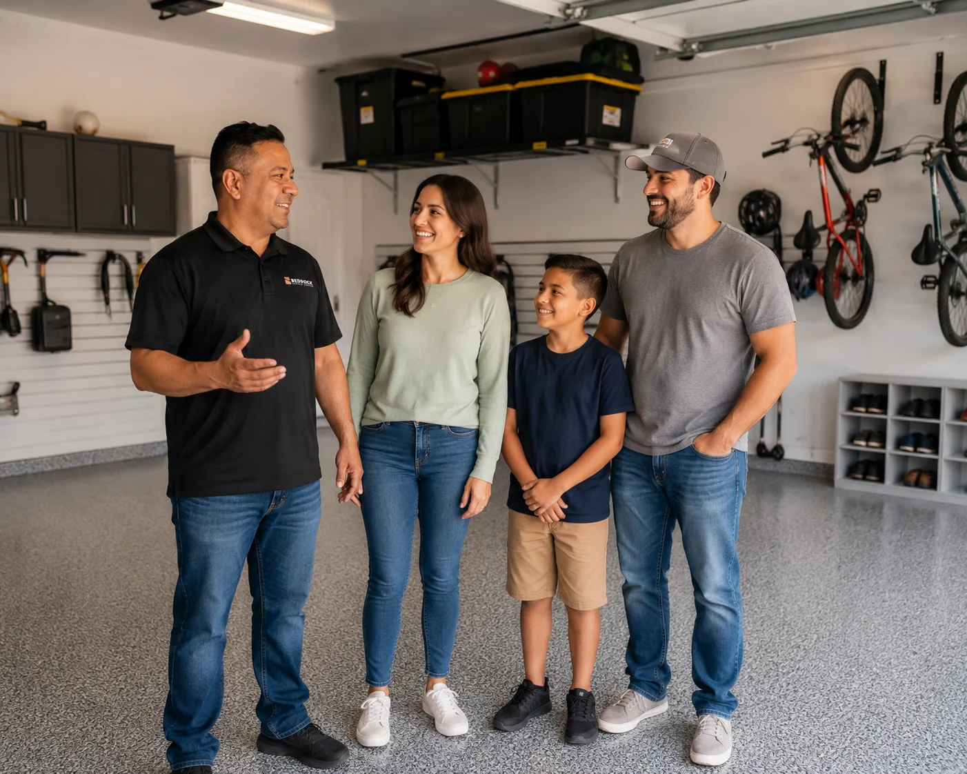 Family standing on completed garage floor coating