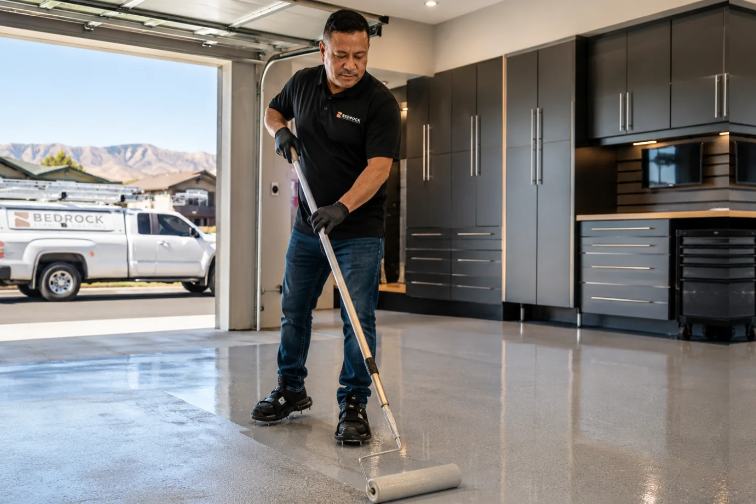 Victor applying a UV-stable clear top coat over a finished garage floor