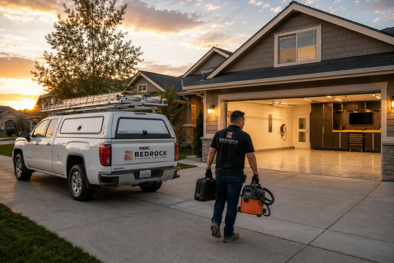 Bedrock truck at sunset in front of finished garage